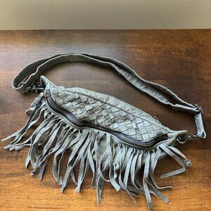 Free People Leather Woven Fringe Belt Bag Crossbody Bag Grey